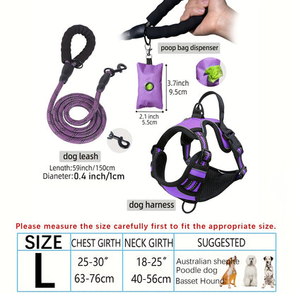 3pcs Adjustable Escape-Proof Dog Harness Set – Walking Leash with Poop Bag Dispenser