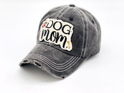 "Dog Mom" Paw and Bone Vintage Distressed Embroidered Baseball Cap For Women - 100% Cotton, Breathable, Casual, Adjustable, UV Protection