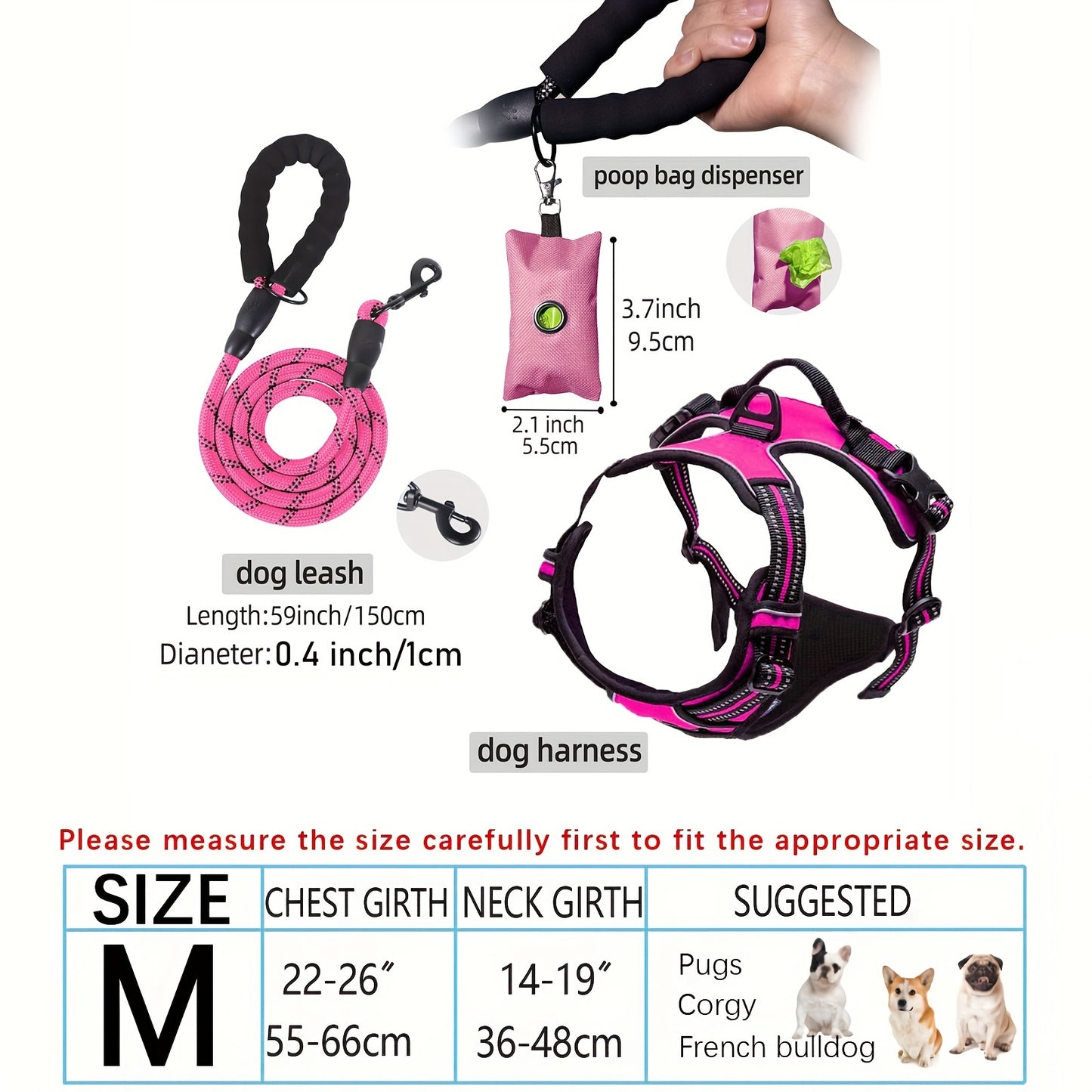 3pcs Adjustable Escape-Proof Dog Harness Set – Walking Leash with Poop Bag Dispenser