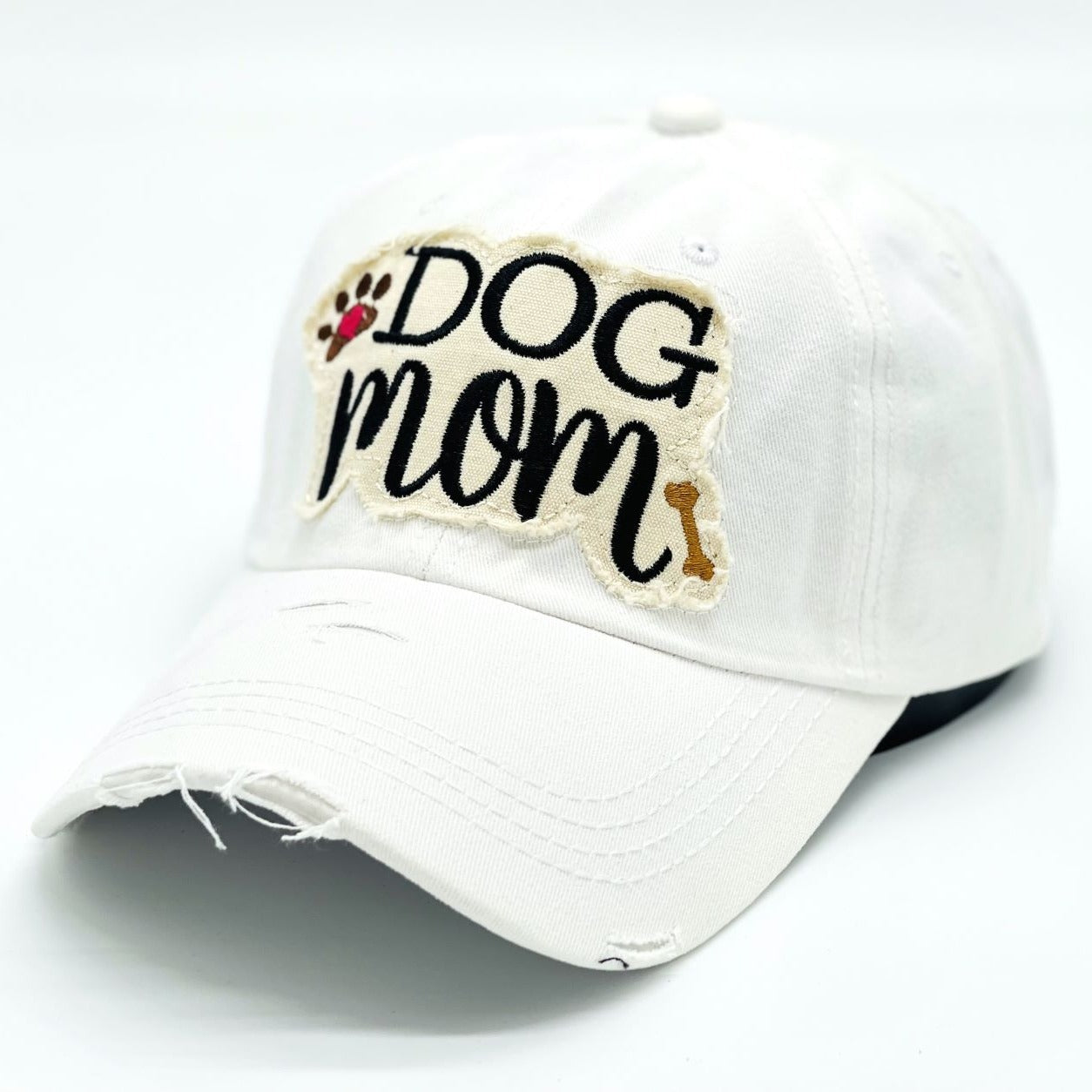 "Dog Mom" Paw and Bone Vintage Distressed Embroidered Baseball Cap For Women - 100% Cotton, Breathable, Casual, Adjustable, UV Protection