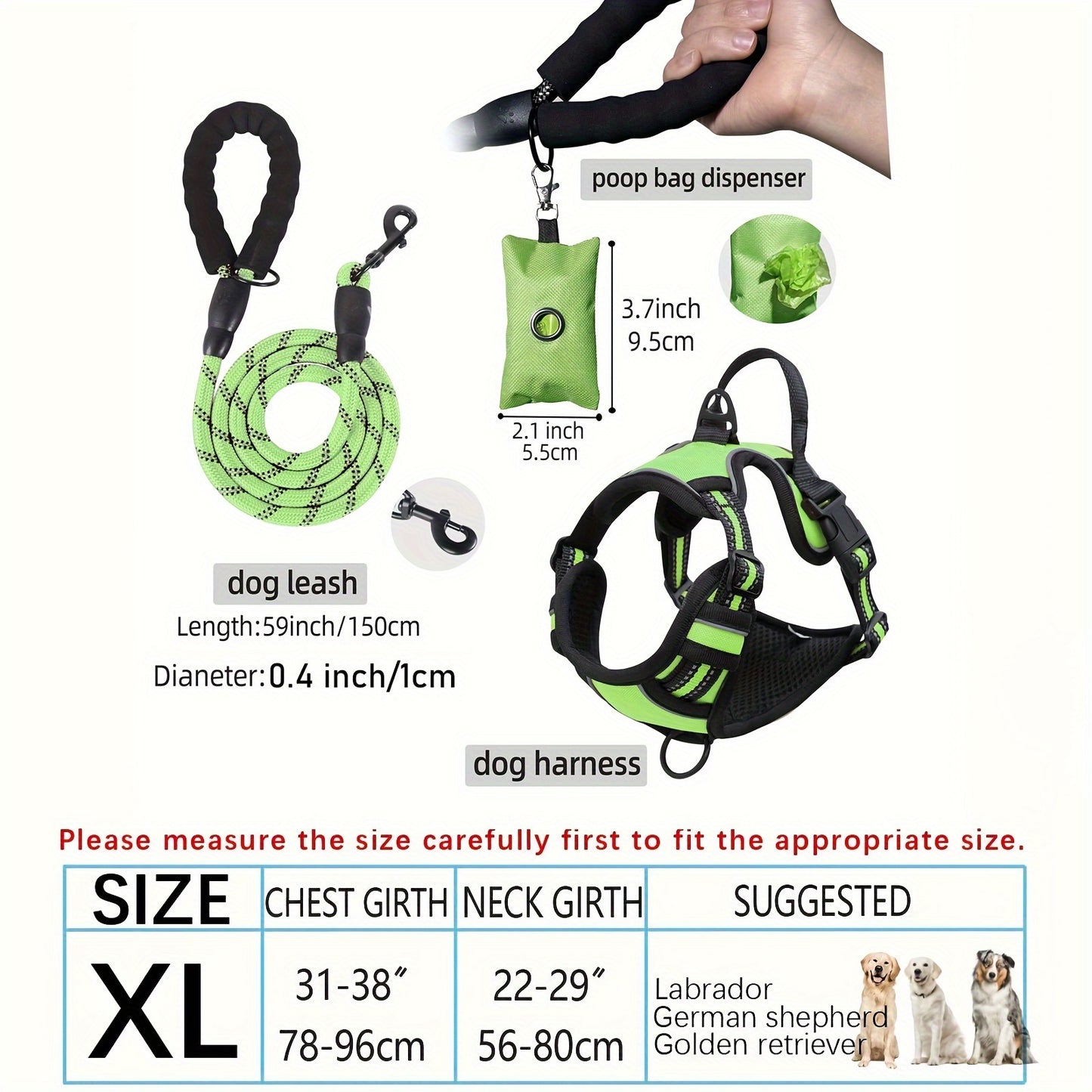 3pcs Adjustable Escape-Proof Dog Harness Set – Walking Leash with Poop Bag Dispenser