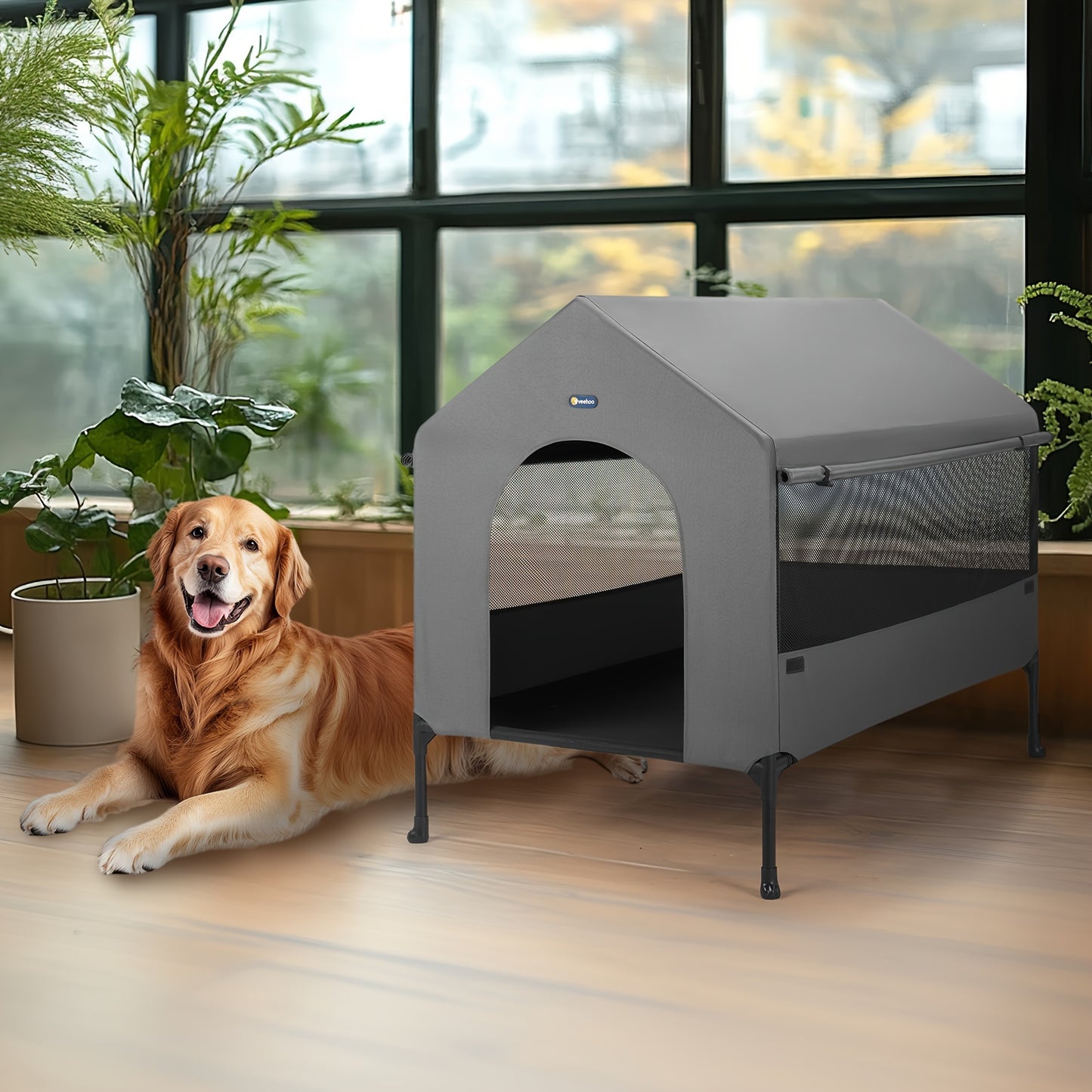 Veehoo 2-in-1 Elevated Dog House - Weatherproof Metal Frame, Breathable Mesh Windows and Sunshade Canopy