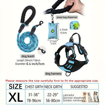 3pcs Adjustable Escape-Proof Dog Harness Set – Walking Leash with Poop Bag Dispenser