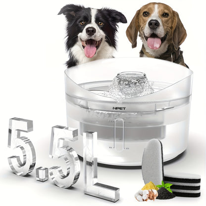 NPET 5.5L (1.4gal) Automatic Dog Water Fountain with Splash-Proof Design, USB Rechargeable, 3-Layer Filtration System, Clear Plastic Dispenser for Clean Drinking Water, Pet Water Fountain