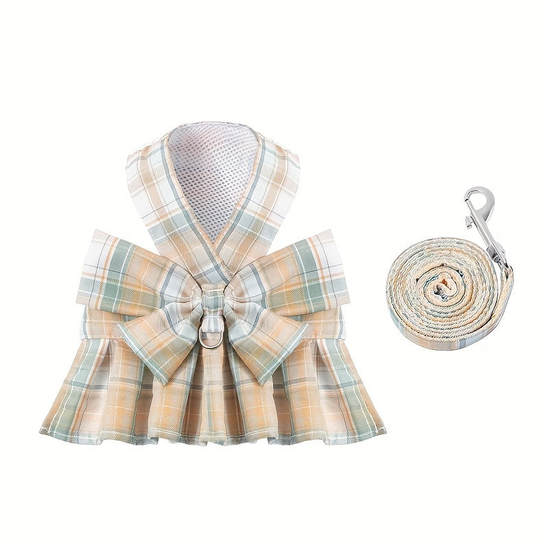 Small Dog Plaid Dress Harness and Leash Set