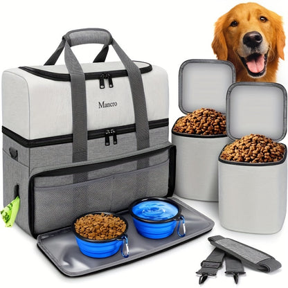 Dual Layers Dog Travel Bag with 2 Extra Large Food Containers, 2 Collapsible Dog Bowls, Multi-Pockets Tote Organizer