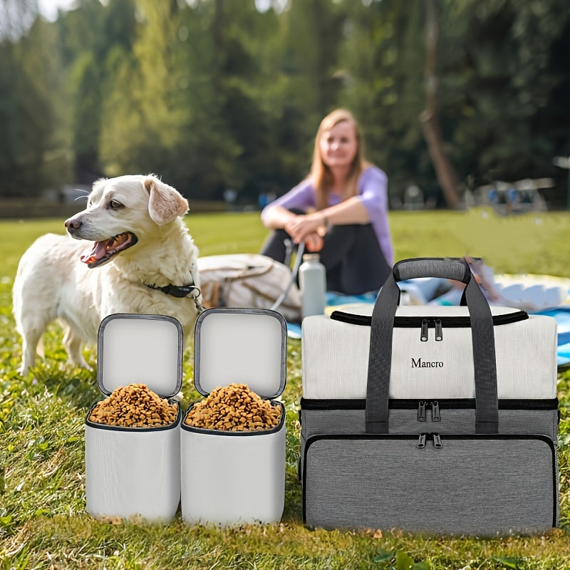 Dual Layers Dog Travel Bag with 2 Extra Large Food Containers, 2 Collapsible Dog Bowls, Multi-Pockets Tote Organizer