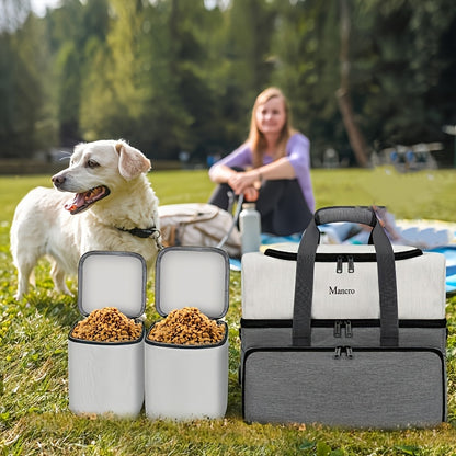 Dual Layers Dog Travel Bag with 2 Extra Large Food Containers, 2 Collapsible Dog Bowls, Multi-Pockets Tote Organizer