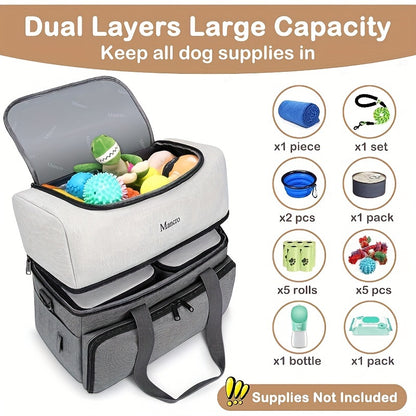 Dual Layers Dog Travel Bag with 2 Extra Large Food Containers, 2 Collapsible Dog Bowls, Multi-Pockets Tote Organizer