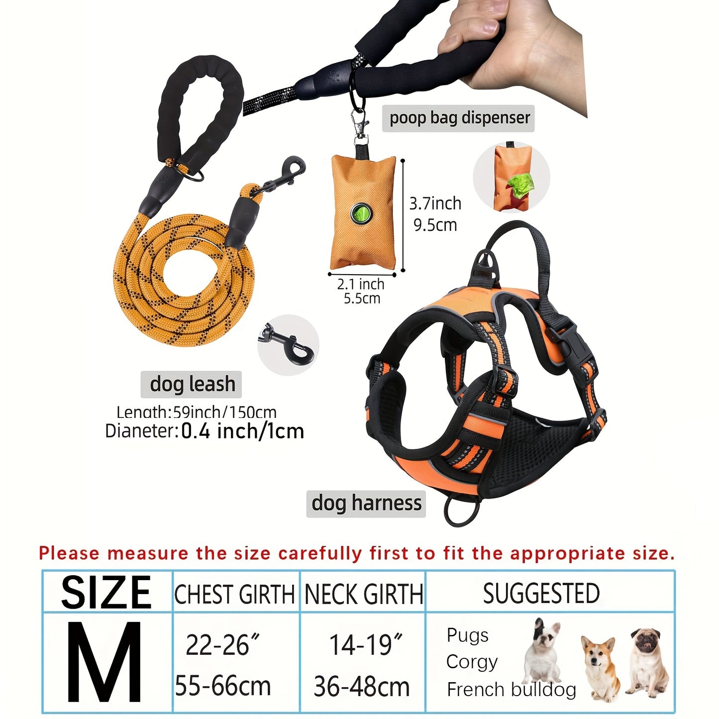 3pcs Adjustable Escape-Proof Dog Harness Set – Walking Leash with Poop Bag Dispenser