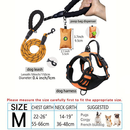 3pcs Adjustable Escape-Proof Dog Harness Set – Walking Leash with Poop Bag Dispenser