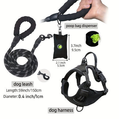 3pcs Adjustable Escape-Proof Dog Harness Set – Walking Leash with Poop Bag Dispenser