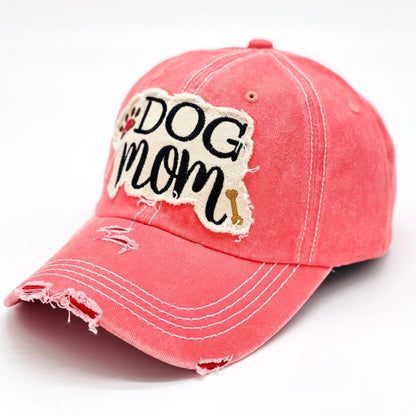 "Dog Mom" Paw and Bone Vintage Distressed Embroidered Baseball Cap For Women - 100% Cotton, Breathable, Casual, Adjustable, UV Protection