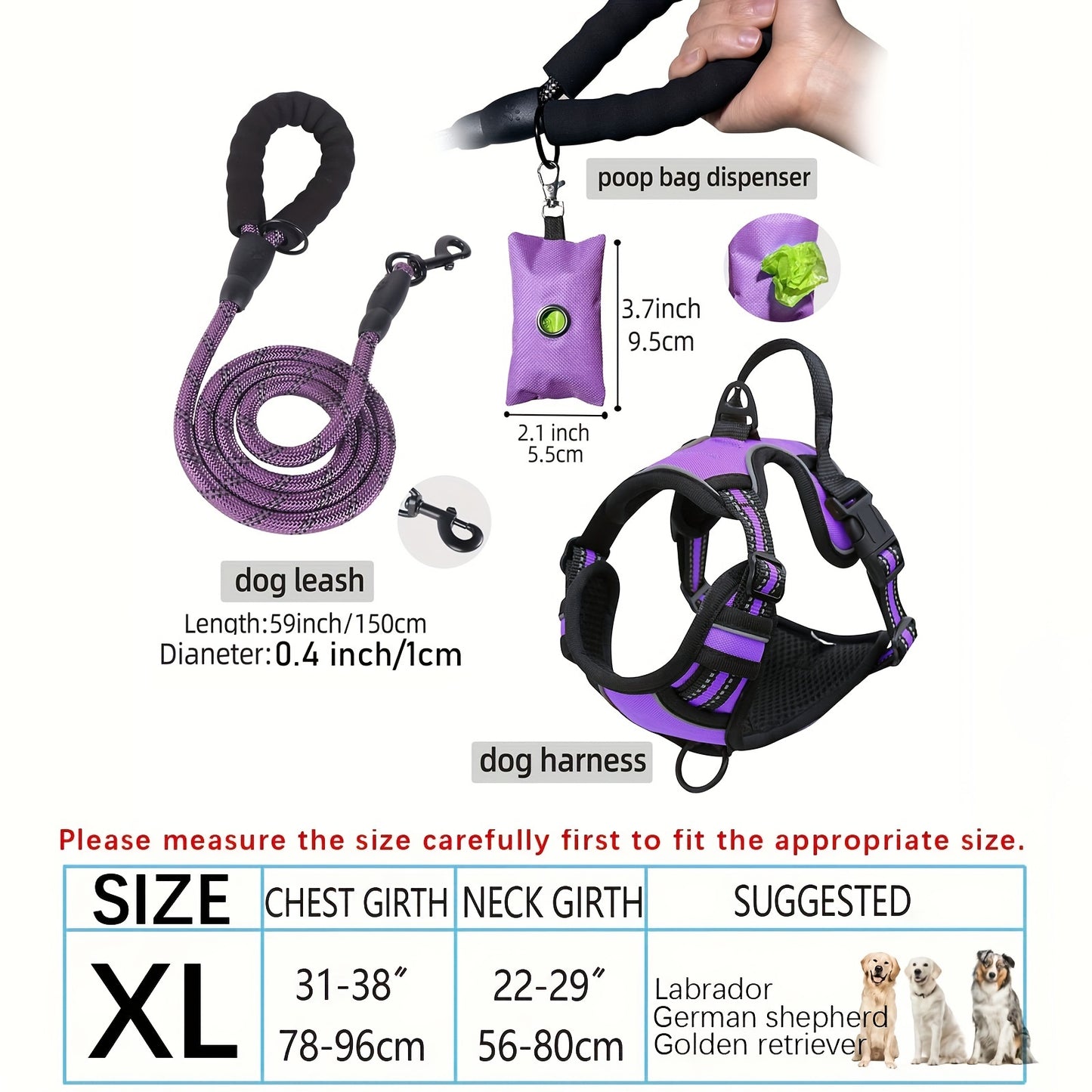 3pcs Adjustable Escape-Proof Dog Harness Set – Walking Leash with Poop Bag Dispenser