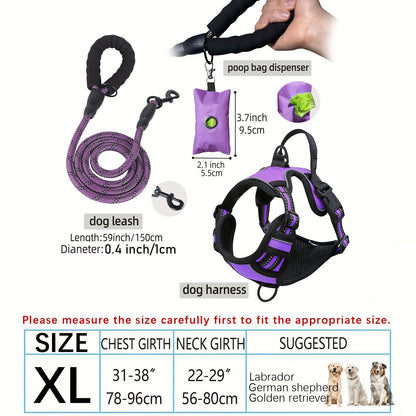 3pcs Adjustable Escape-Proof Dog Harness Set – Walking Leash with Poop Bag Dispenser