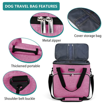 Dog Travel Bag, Pet Travel Bag with 2 Pet Food Containers and 2 Collapsible Silicone Bowls