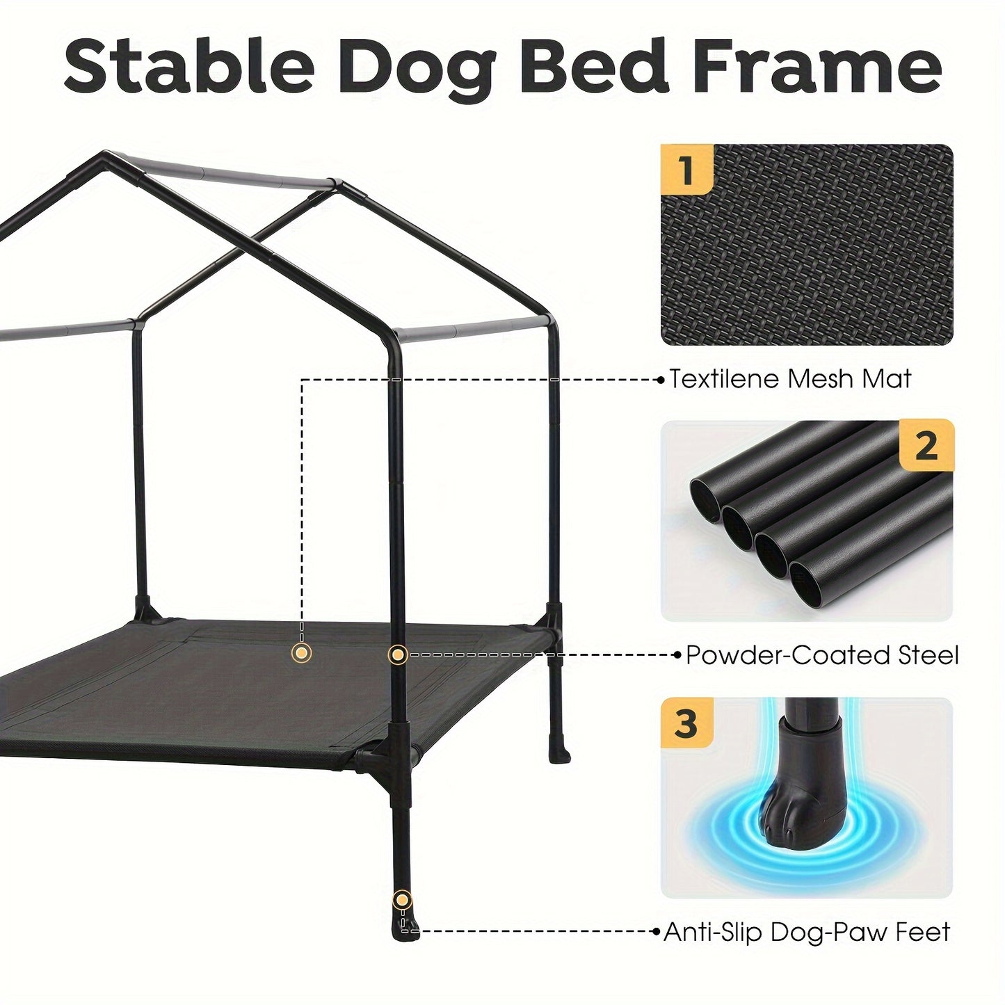 Veehoo 2-in-1 Elevated Dog House - Weatherproof Metal Frame, Breathable Mesh Windows and Sunshade Canopy