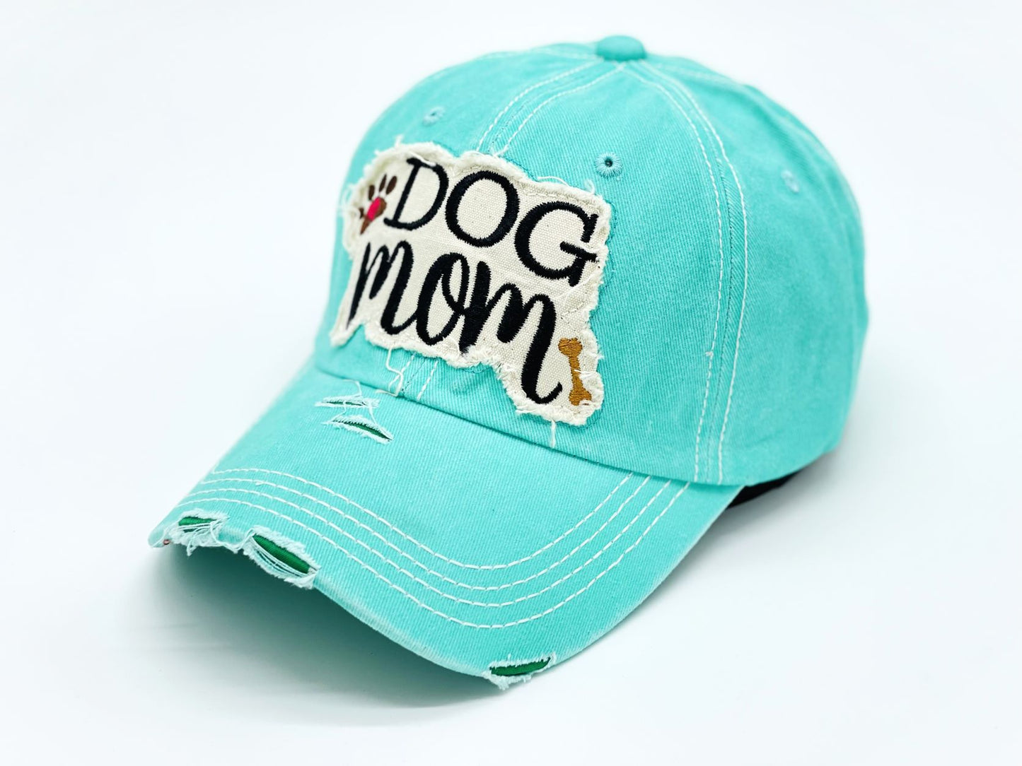 "Dog Mom" Paw and Bone Vintage Distressed Embroidered Baseball Cap For Women - 100% Cotton, Breathable, Casual, Adjustable, UV Protection