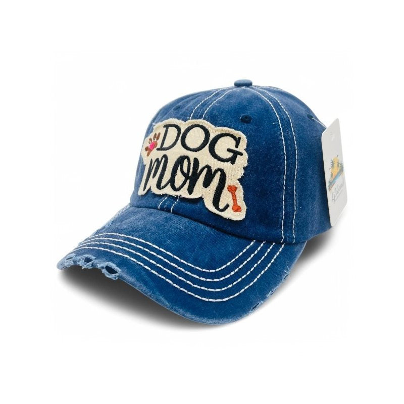 "Dog Mom" Paw and Bone Vintage Distressed Embroidered Baseball Cap For Women - 100% Cotton, Breathable, Casual, Adjustable, UV Protection